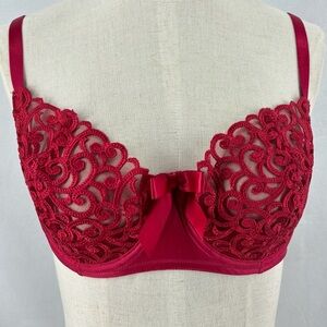 VINTAGE Victoria’s Secret Women’s 36D Red Lace Sheer Ribbon Bow Underwire